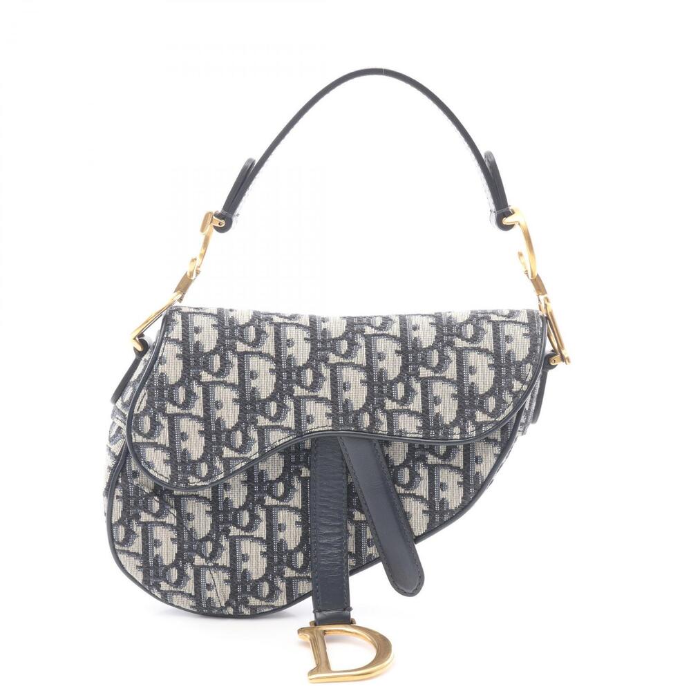 Dior Saddle Bag Oblique Jacquard Handbag Canvas Leather Ivory White Navy Blue - Picture 1 of 8